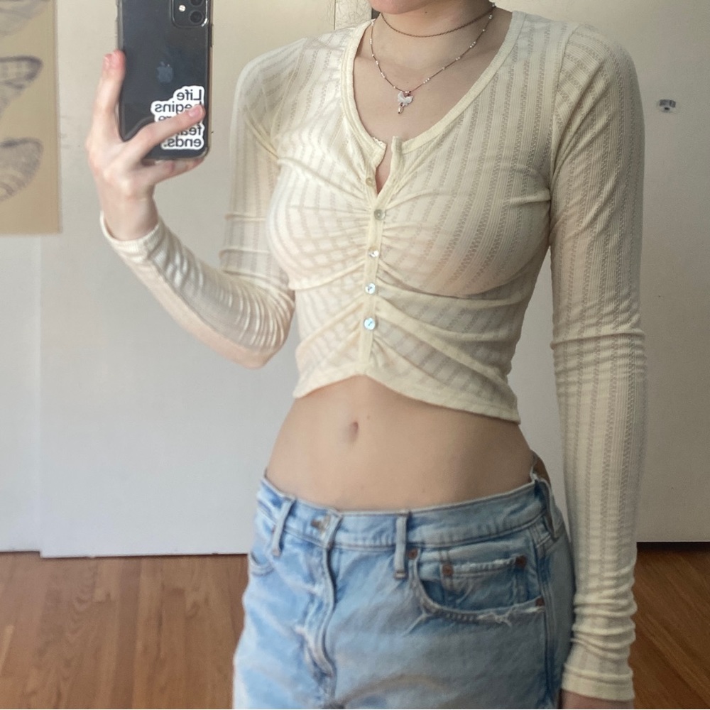 Ruched cream long sleeve button up top